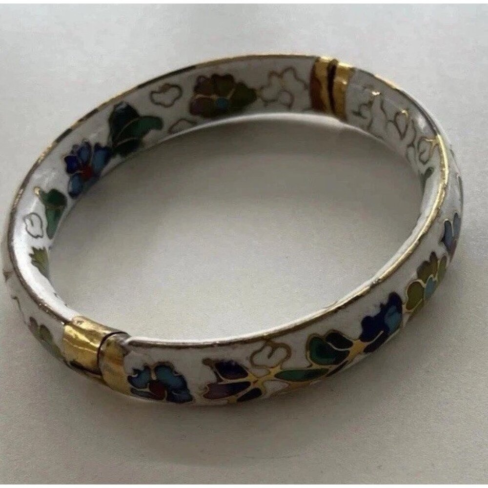 Vintage White Enamel Cloisonné Floral Blue Multi Color Hinged  Bangle Sz 7.5” - Picture 2 of 14